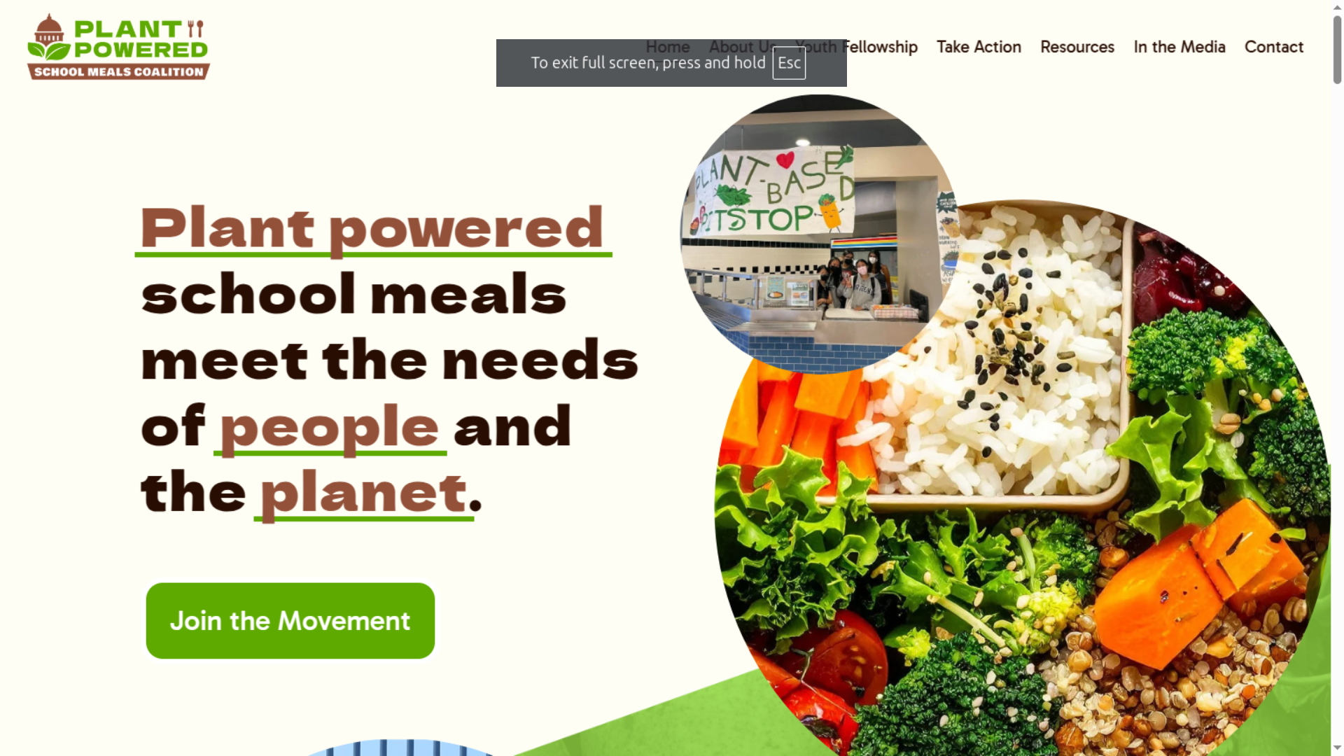 Plant Powered School Meals Coalition website banner showing plant based school meal tray with rice, vegetables, grains, and message "Plant powered school meals meet the needs of people and the planet "