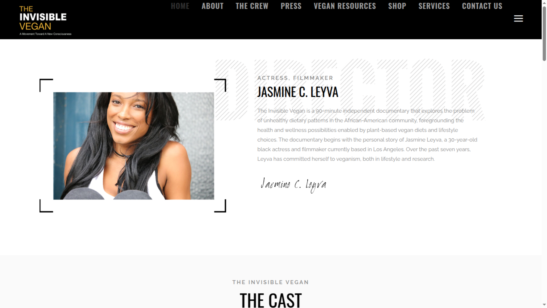 Portrait of filmmaker Jasmine C  Leyva smiling, featured on The Invisible Vegan website About page describing her work as an actress and documentary creator