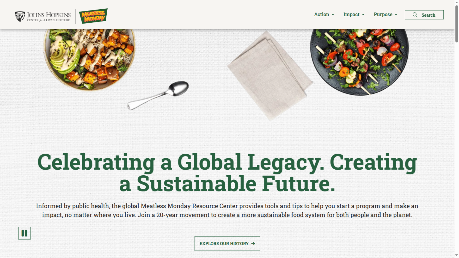 Overhead view of colorful plant based meals displayed on a table, featured on the Johns Hopkins Meatless Monday website promoting sustainable food systems and global plant based initiatives 