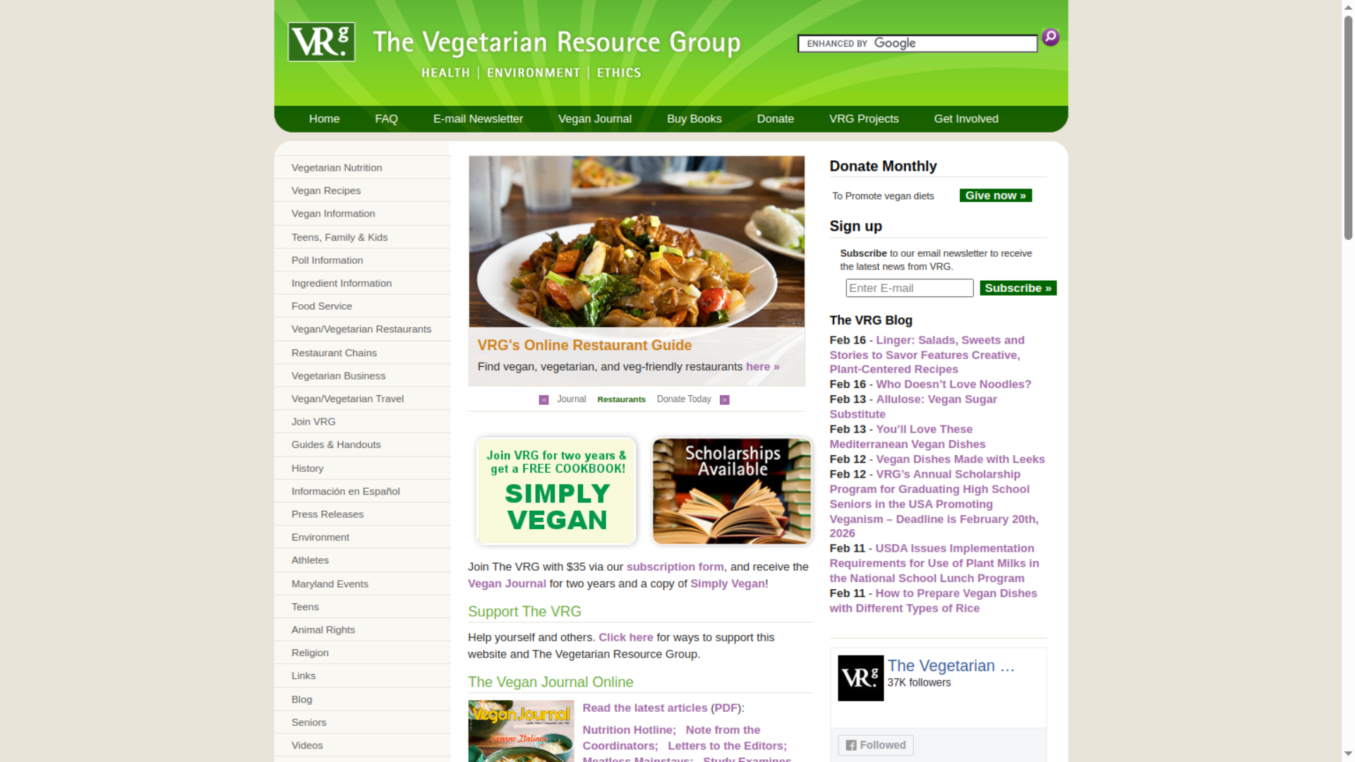 Homepage of The Vegetarian Resource Group website displaying plant based meal imagery, vegan restaurant guide, and resources promoting vegetarian nutrition, health, and ethical living 
