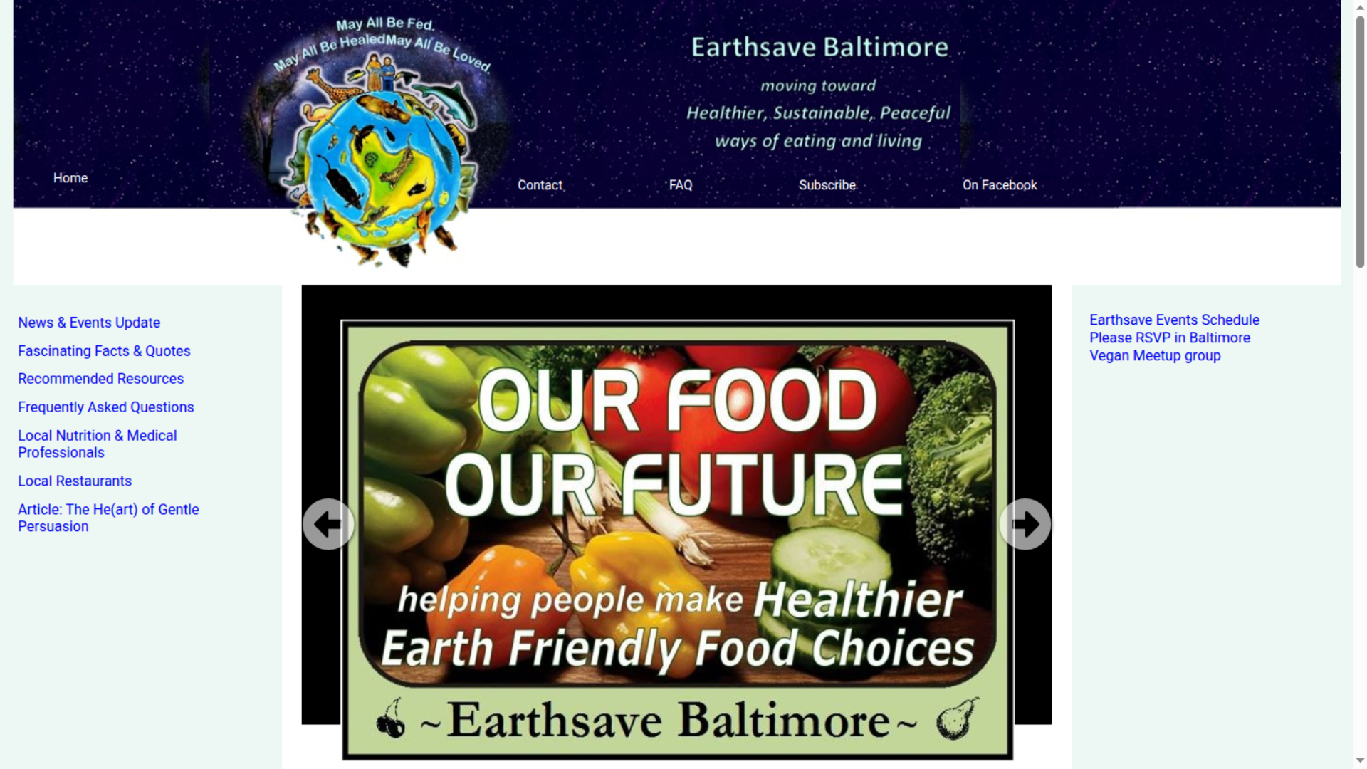 Earthsave Baltimore website banner showing fresh fruits and vegetables with the message ‘Our Food, Our Future,’ promoting healthier and environmentally friendly food choices 